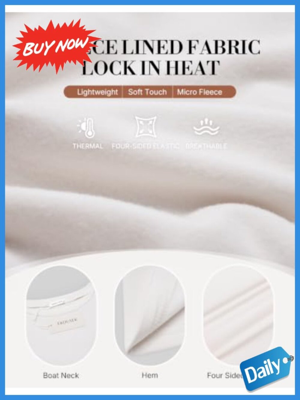 Fleece Lined Thermal Long Sleeve Boat Neck Undershirt Top - Picture 3 of 6
